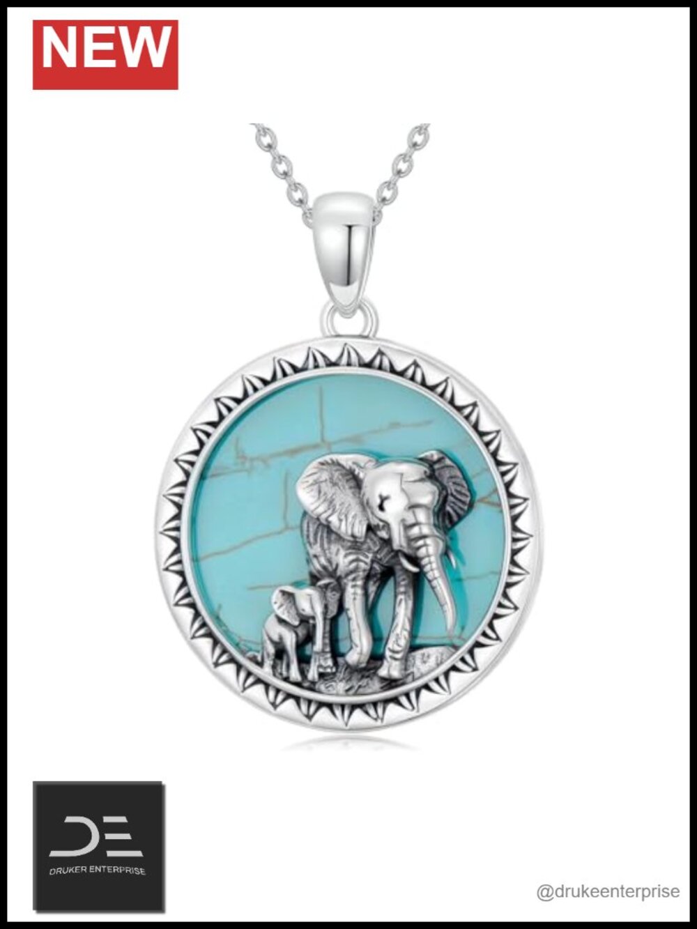 Natural Turquoise Elephant Necklace 925 Sterling Silver 22mm Pendant Bohemian